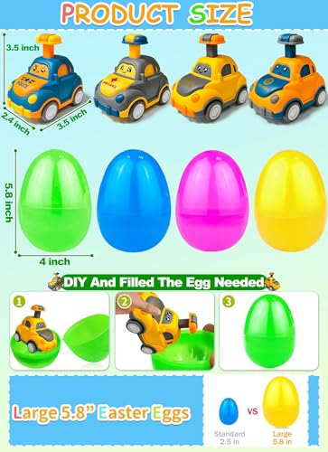 Jumbo 4 Pack 5.8 Inch Easter Eggs Filled with Press and Go Car Easter Toys Surprise Eggs for Kids Boys Toddlers Easter Basket Essential Stuffers Filled Easter Eggs with Toys for Party Favors Gifts - style: Press and Go Car