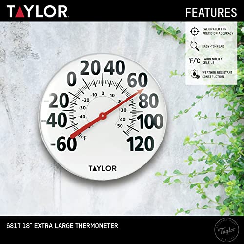 Taylor Extra Large Metal Wall Indoor Outdoor Thermometer, Easy to Read Numbers for Patio, Pool, and Indoor Areas, 18 inch, White - color: White, size: 18 Inch