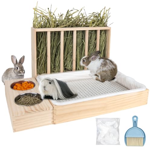 BESNEW 3 in 1 Rabbit Hay Feeder with Litter Box,Upgraded Wooden Hay Feeder Set for Guinea Pig Chinchilla Bunny Other Small Animals,Quick Cleaning & Large Capacity & Preventing Waste - color: Natural 2, size: 15.7in Style2
