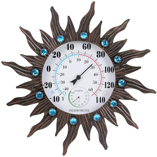 18" Large Outdoor Thermometer with Humidity, Vintage Sun Wall Thermometer | 10" Dial Large Number Easy-Read, Auto Calibration, Waterproof for Patio Garden Yard & Indoor Decor, No Batteries Required
