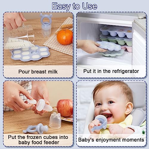 KingKam Breastmilk Popsicle Molds & Baby Fruit Feeder Teether (2 Set) | Teething Gum Cooling Relief, Food Freezer Tray with Lid, for Pureed Vegetables, BPA Free Silicone, Dishwasher Safe，4 Month+ - color: Blue / Green