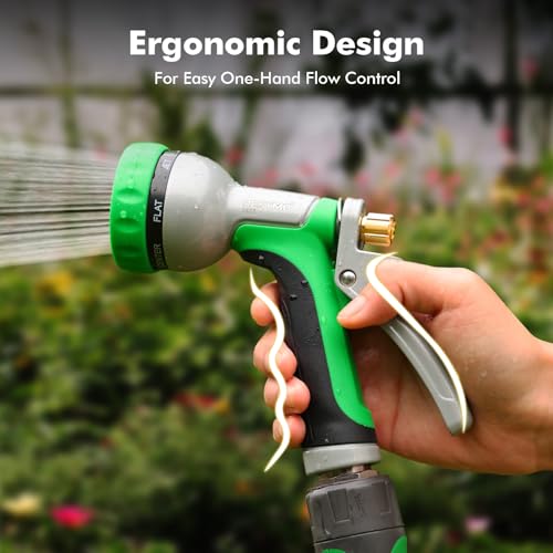 RESTMO Garden Hose Nozzle Heavy Duty, Rear Trigger Water Sprayer, Green | 7 Adjustable Spray Patterns, Durable Metal, Flow Control, Ideal for Plants & Lawns Watering, Cars & Pets Washing - color: Green