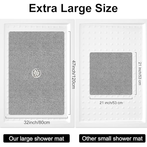 Shower Mat Non Slip, 47" x 32" Extra Large Soft Loofah Shower Mats for Inside Shower with Center Drain Hole, Anti Slip Shower Floor Mat for Elderly, Quick Drying, Grey - size: 47" x 32" (Rectangular)