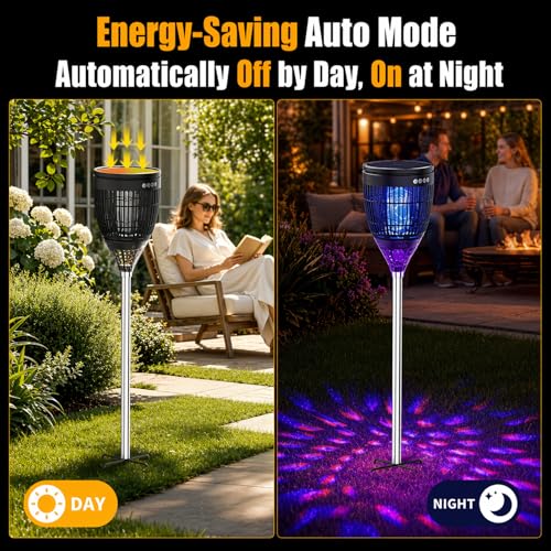 Rossetta Solar Bug Zapper Outdoor, Fly Zapper with Flame & Projector Light | 4200V Shock Grid, Solar & USB Charging, IPX5 Waterproof, Auto Mode, Cordless Electric Mosquito Killer for Patio, Garden - color: Black