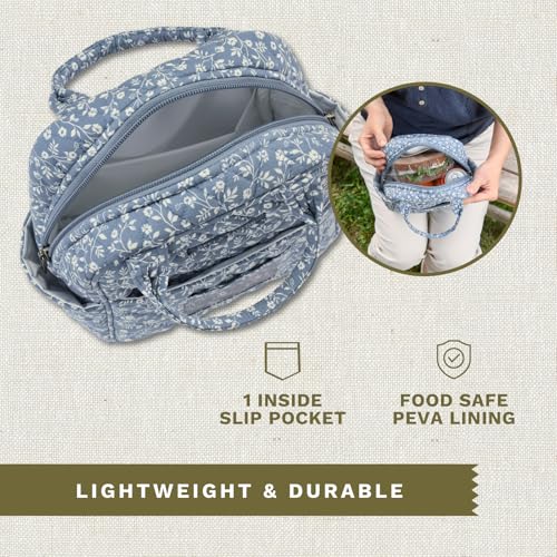 Bella Taylor Lunch Tote, Quilted Lunch Bag, Heritage Blue Floral | Lightweight quilted cotton lunch box, easy-to-clean PEVA lining, 3 outside/1 inside pocket, durable construction - color: Heritage Blue Floral