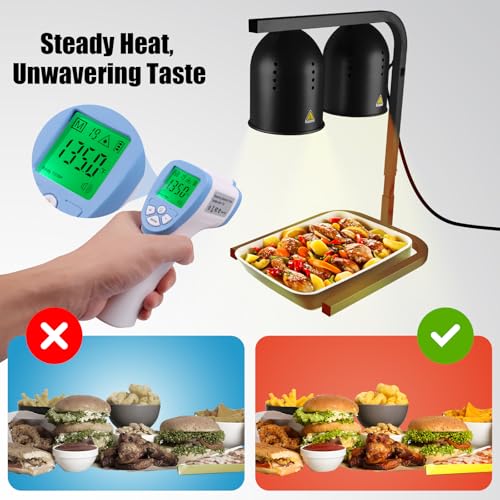 Food Heat Lamp with 2 x 250W Bulbs, 5000+ Hour Lifespan, Black | 12"×20" Warming Area, UL-Tested, Adjustable Height Stand 22"-30", Commercial & Home Use Restaurant Buffet Bakery Catering - color: Black
