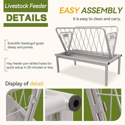 Kojem 4 Ft Long Livestock Feeder, Heavy Duty Steel Livestock 2 in 1 Grain & | Hay Feeder, Outdoor Pasture Feeder with Feeding Pan for Goats, Sheep,Ponies, Cow, Horse for Farms, All Weather Feeder