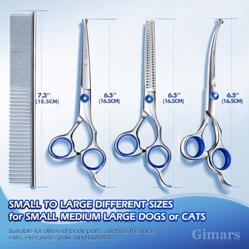Gimars Professional 5 in 1 Grooming Scissors for Dogs 4CR with Safety Round Tip, Heavy Duty Titanium Coated Straight & Thinning & Curved Shears - style: Professional Blue 5 in 1
