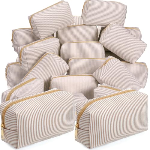 Sanwuta 20 Pcs Seersucker Cosmetic Bags Bulk, Striped Zippered,Khaki | Makeup Bags Women Pouch, Large Preppy Storage Toiletry Travel Pouch for Wedding Bridesmaid Bride Favor Back to Teacher Gift - color: Khaki