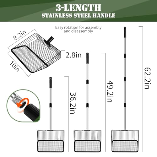 10inch Large Metal Chicken Poop Scooper & Chicken Coop Scoop, 3-Level Adjustable Chicken Coop Scooper for Sand with Stainless Steel Handle, 4-in-1 Multi-Function Heavy Duty Manure Screening Shovel