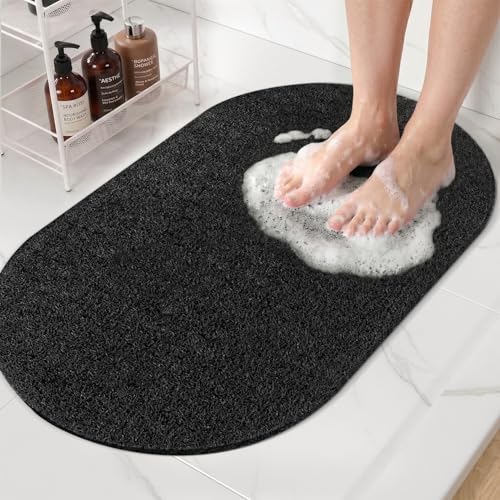 HITSLAM Oval Loofah Shower Mat Non Slip, 27x16 Inch, Black | Bath Mat for Textured Tub & Inside Shower Stall, No Suction Cups Quick Drying PVC Porous Floor Mat, Soft Foot Exfoliating - color: Black