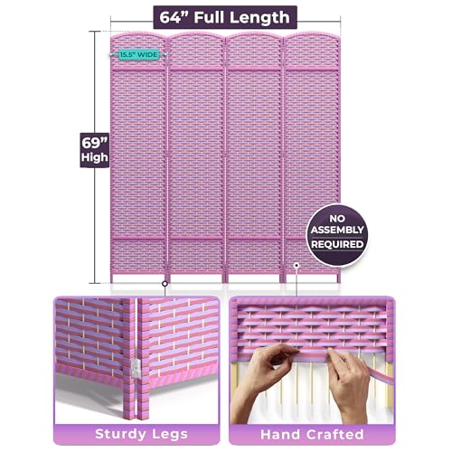 Sorbus Foldable Room Divider, Mesh Privacy Screen (4 Panel, Pink Purple) | Folding screens, dividers for rooms, double-hinged panels; freestanding partition for bedrooms, offices and shared areas - color: Pink Purple, size: 4 Panel