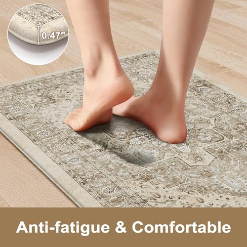 KIMODE Anti Fatigue Kitchen Mats 17"x59"+17"x29",Boho Kitchen Rugs Set of 2 | Non-Slip Cushioned Kitchen Mats for Floor, Waterproof Kitchen Floor Mats for Sink, Laundry, Office, Desk Khaki - color: Khaki/Multi, size: 17.3" x 59"+17.3" x 29"--0.47 inches