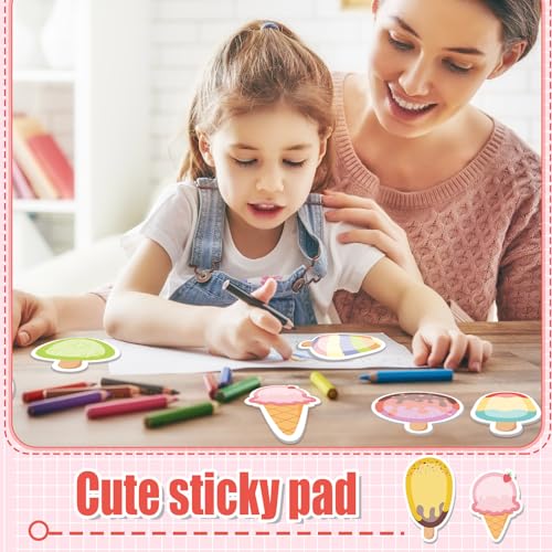 Yinder 24 Pads Ice Cream Sticky Notes Cute Kawaii Cartoon Self Adhesive | Bulk Memo Pads for Back to School Gift, Office Veterinary Supplies, Party Favors, Colorful Heart Triangle Shapes - style: Ice Cream