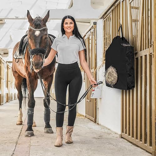 4 Pcs Hay Bag Hanging Goat Feeder Tote with Adjustable Strap | Premium Oxford Cloth with metal ring,Breathable mesh sides,for Horses Donkeys Cows Alpacas Ostriches & Other Animals,Black - color: black-4