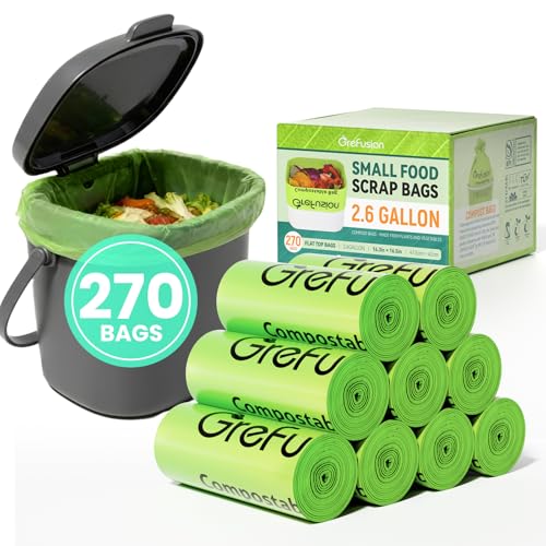 GreFusion Compostable Trash Bags, Small 2.6 Gallon, 270 Count, 0.72 Mils Thick, Eco Friendly, ASTM D6400 & BPI Certified, Composts Food Scraps, No Leaks - color: 2.6G-270count