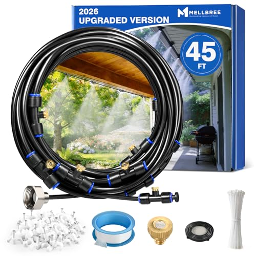 Mellbree Misters for Outside Patio 45FT/14M, Pre-Assembled Misting Cooling System with 12 Brass Nozzles & 3/4" Adapter, Outdoor Mister for Patio, Garden, Greenhouse, Pavilion, Dog House, Chicken Coop - size: 45FT