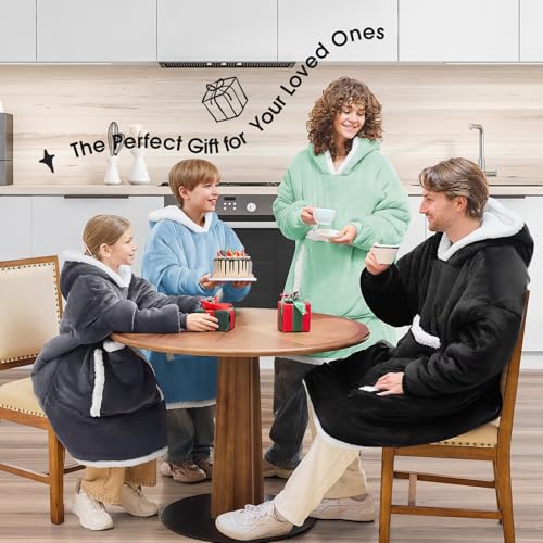 JOYWOO Black Wearable Blanket Hoodie,Oversized Cat Lovers Sweatshirt Blanket for Adult,Birthday Gifts for Men,Father,Boy,Cozy Fuzzy Sherpa Hooded Blanket with Giant Pocket and Winter Gifts,Standard - color: Midnight Black, size: Adult