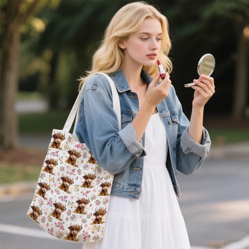 Aesthetic Canvas Tote Bag for Women - with Magnetic Snap Closure & Zipper Inner Pocket Reusable Totes Bag - color: Cow1