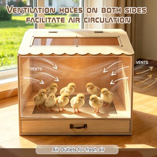 Wooden Chicken Brooder Box with Heating Lamp, 20x18x16 Inch Brooder Box with Mesh Bottom Drawer for Waste Collection for Ducks, Chicks, Hamsters, Lizards
