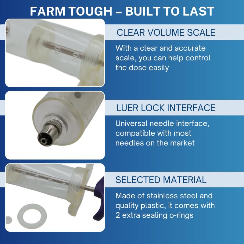 Reusable Veterinary Syringe Without Dose Nut – (50cc) - For Livestock Use | Durable Plastic Barrel | Luer-Lock & Luer-Slip Compatible | Equine, and Veterinary Use | Available in 10cc, 20cc, 30cc, 50cc - size: 50cc
