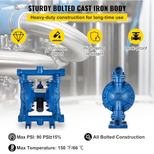 VEVOR Air-Operated Double Diaphragm Pump, 1/2 in Inlet & Outlet, Cast Iron Body, 8.8 GPM & Max 120PSI, Nitrile Diaphragm Pneumatic Transfer Pump for Petroleum, Diesel, Oil & Low Viscosity Fluids - size: 3.0 GPM