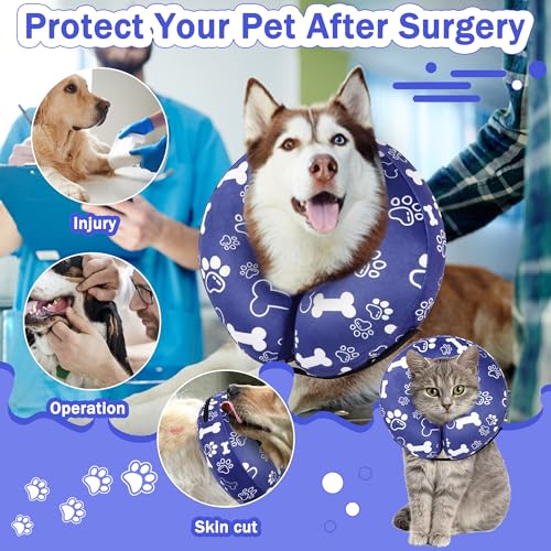 Recovery Donut Collar for Dogs & Cat,Inflatable Dog Cone Collar Alternative After Surgery,Soft Cone for Large Medium Small Dog,Adjustable Pet Neck Donut(Darkblue Bone,Small - color: Darkblue, size: S（neck 4"-7"）