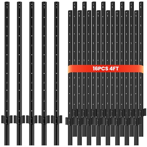 16 Pack Metal Fence Posts,4 FT Garden Fence Post,T Post for Wire Fence, No Dig Steel U Post Fencing，Black Garden Stakes for Temporary Fencing, Electric Fence Wire, Corner Anchor - size: 4ft-16PCS