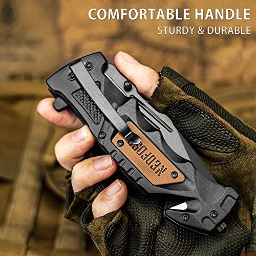 NedFoss Pocket Folding Knife DA75, 3 in 1 Pocket Knife Gifts for Men Women | Survival Knife with Liner-Lock Belt Clip, Seat Belt Cutter, Glass Breaker, Hunting knife for Camping Hiking - color: Black-Standard Edge