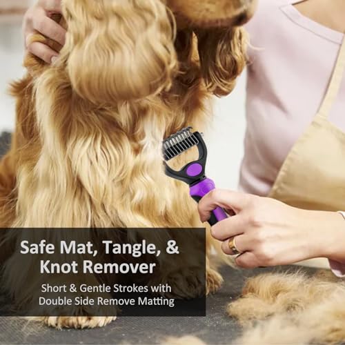 WePet Grooming Rake for Dogs & Cats, Double-Sided Deshedding Brush, Extra-Wide Dematting Tool, Slicker Comb for Undercoat & Loose Hair Removal, Reduces Shedding by 95%, Purple, Large - color: Purple, size: Large