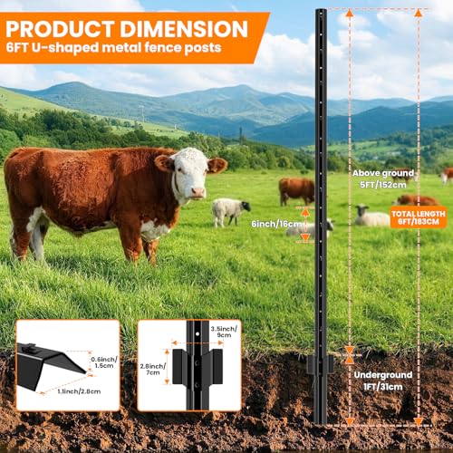 16 Pack Metal Fence Posts,6 FT Garden Fence Post,T Post for Wire Fence, No Dig Steel U Post Fencing，Black Garden Stakes for Temporary Fencing, Electric Fence Wire, Corner Anchor - size: 6ft-16PCS