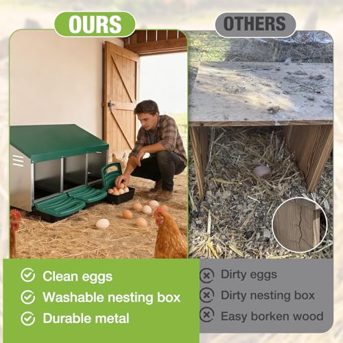 GUTINNEEN Chicken Nesting Box, 3 Compartment Metal Nesting Boxes with Roll-Away Egg System for Hens, Ducks & Rabbits, Technical Design for Efficient Egg Collection, Green - color: Green