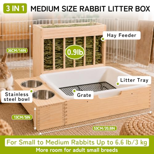 3-in-1 Rabbit Hay Feeder with Litter Box, Bowl Tray for Medium Bunnies | Wire Grate Separates Waste, Includes Mini Brush, Wooden Bunny Toilet for Dutch Rabbits, Polish, Medium Breeds,Easy Clean - size: Large