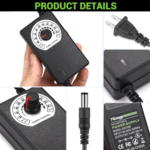 Facmogu Adjustable Fan Speed Controller 3V-24V 1A, Variable Voltage Supply | 24W AC/DC Power Adapter for Cooling Fan, DC Motor & LED Strip Lights | Universal Replacement Power Converter - size: 3-24V 1A