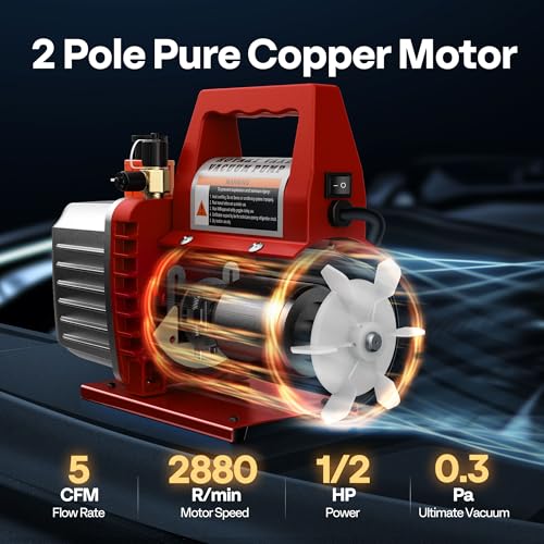 VIVOHOME 110V 1/2 HP 5 CFM Dual Stage Rotary Vane HVAC Air Vacuum Pump | AC Vacuum Pump for Home Automotive Air Conditioner R134a R12 R22 R502 R410a AC System with Oil Bottle, Red - color: Red, size: 5 CFM