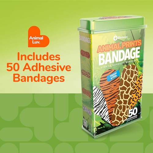 BioSwiss Bandages, Animal Print Shaped Self Adhesive Bandage Set, Latex Free Sterile Wound Care, 50 Count - size: 50-Count Tin, style: Animal Print