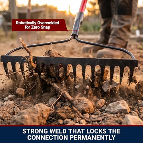 Bow Rake 16" Tines, Heavy Duty Steel Garden Rake for Leaves | 58" Fiberglass Long Handle, Rake For Lawn Debris, Mulch, Soil and Gravel, 100% Made in USA