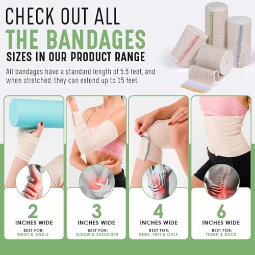 Premium Elastic Bandage Wrap (4" 2 Pack) - Hook & Loop Fasteners at Both Ends - Latex Free Hypoallergenic Compression Roll - Reusable Bandages for Waist, Legs, Elbow & Knee Wrap - size: 2 Pack