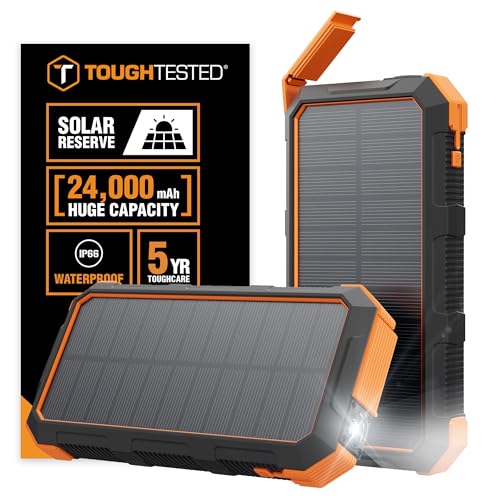 ToughTested 24000mAh Solar Power Bank, LED Flashlight, USB-C Fast Charging | Fast charging power bank with LED flashlight and IP66 rugged protection for camping, travel, and emergencies