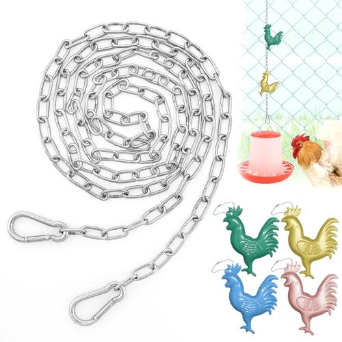 5 Ft Hanging Chain Spring Hooks with 4 Signs for Chicken Coop Feeders | 304 Stainless Steel, Anti-Rust & Adjustable, Holds Up To 13 Lbs for Chicken Coop Feeders, Plant Hooks Indoor & Outdoor Use - size: 5 FT