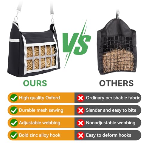 Slow Feeder Horse Hay Bag, Design for Goats ,Horse ,Donkey ,Sheep,Premium Oxford Hay Feed Bags with Front Hay Nets Design, Large Opening with Drawstring and Adjustable Strap for Easy Hanging, 1 pc - size: 1 Pcs