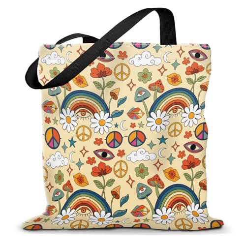 Canvas Tote Bag for Women，Cute Heavy-Duty Shoulder Bag with Zipper Pocket -Travel Tote for Grocery, Gym,Shopping - color: Mushroom Rainbow Flower