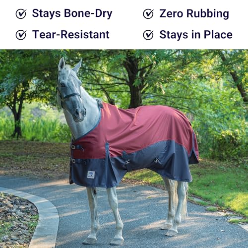 Horse Turnout Rain Sheet | 600 Denier Ripstop Turnout Blanket No Fill (0g) | Waterproof Lightweight Breathable | Tear-Resistant Outer & Rub-Free Silky Inner | Burgundy/Navy - 78 in - color: Burgundy/Navy, size: 78