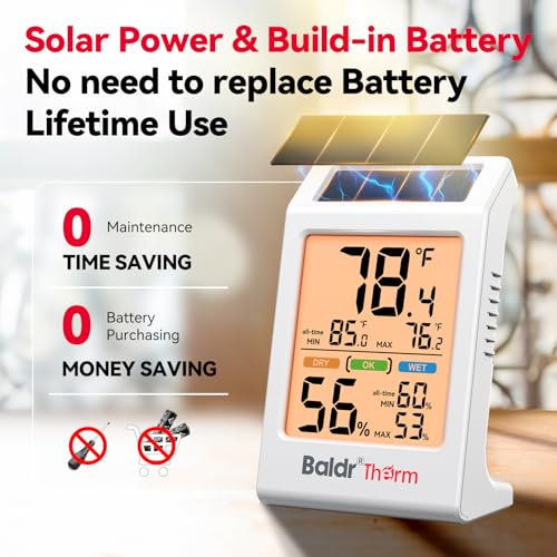 BaldrTherm Room Thermometer Indoor, Humidity Meter, 2026 Upgrade Backlit Digital Humidity&Temperature Monitor | Solar Powered | MAX MIN Record | 3.2", for Home, Office, Greenhouse, 1Pack