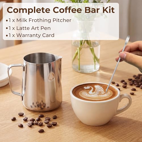 12oz Milk Frothing Pitcher, 304 Stainless Steel | 12oz/20oz/32oz Milk Frother Cup with Measuring Scale & Latte Art Pen for Espresso, Coffee, Cappuccino - size: 12 Ounces