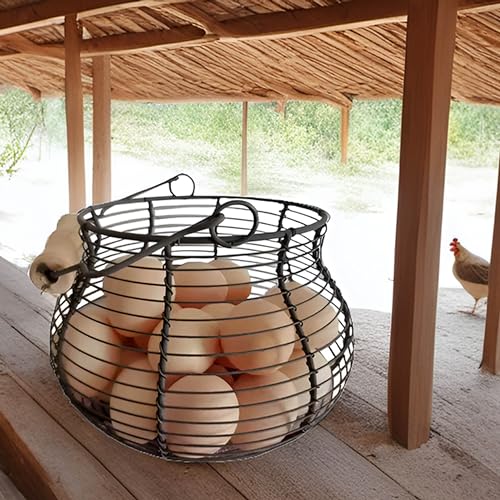 LINCOUNTRY. Farmhouse Wire Egg Baskets for Gathering Fresh Egg With Handle | Famhouse vintage rustic Round Metal Chicken Egg Collecting Basket Countertop Holder Vintage Style for Kitchen