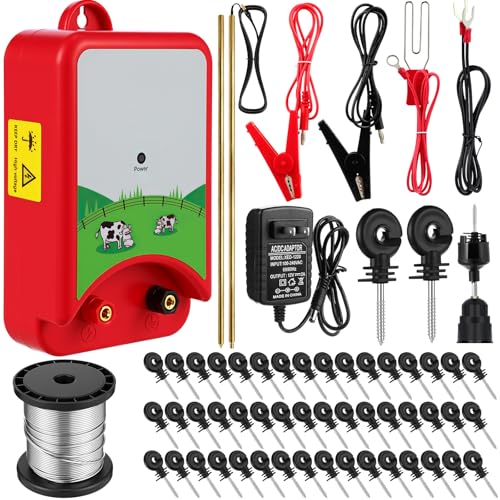 8 Mile Electric Fence 12000V 1.5Joule Electric Fence Charger Kit with Copper Ground Rod Insulator Socket Tool Aluminum Wire for Containing Dog Livestock