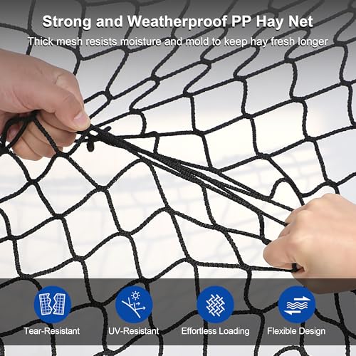 Large Round Bale Hay Net 5x5 ft for Horses, Heavy Duty Slow Feed Hay Net with Knotless Design and 1.7" Holes for Livestock Goats, Fits for Round Bales 4x4-5x5ft or Square Bales 3x3x8-4x4x8ft - style: 5*5Ft(Black)