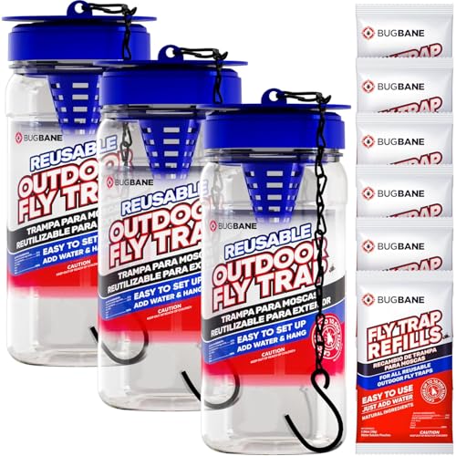 3 Fly Traps Outdoor Fly Trap for Patio with 6 Non-Toxic Dissolvable Bait Refills. Reusable Hanging Bug Catcher Killer for All Filth Flies for Outside Bug Control Yard Ranch. Hanging Chains Included. - style: 3pack