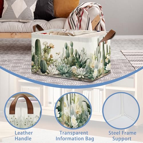 Cactus Succulent Collapsible Storage Box,Tropical Plants Organizer Bin with Handles for Room Decoration,Bins Book Basket Box 17x11.5x10Inch - color: Cactus Succulent Tropical Plants
